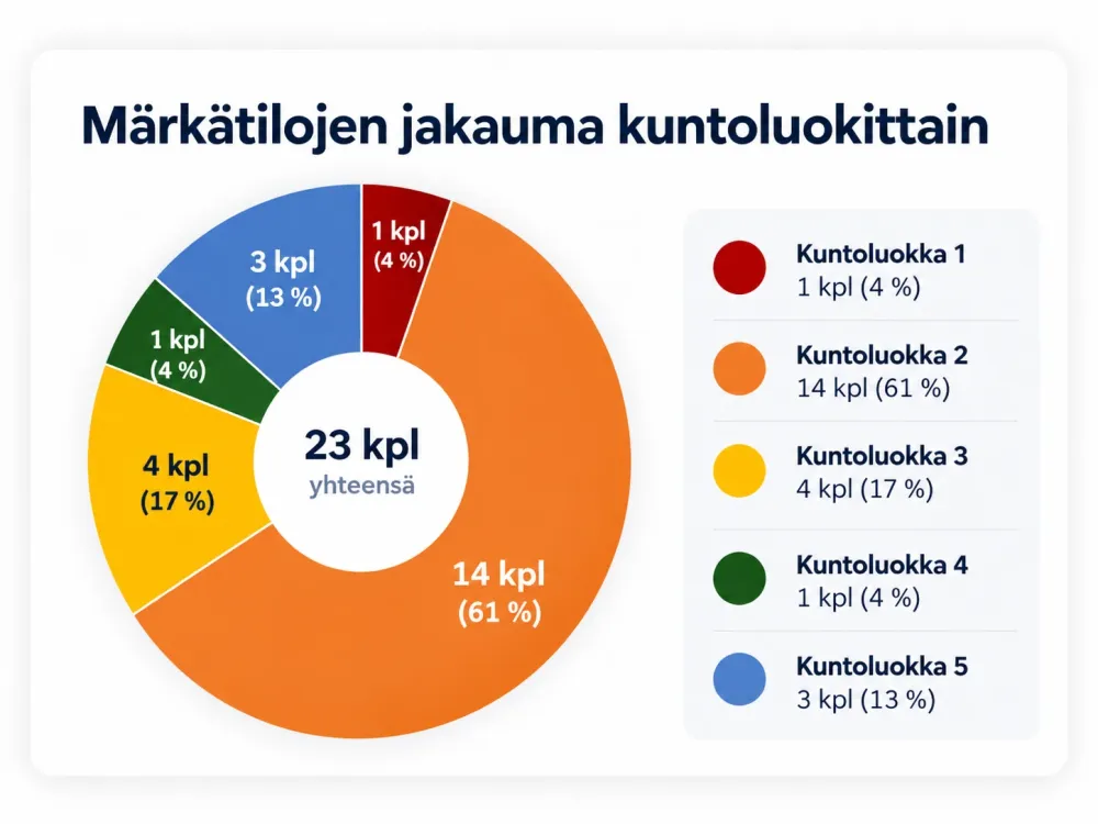 Taloyhtiön märkätilojen kuntoluokat ympyräkaaviona märkätilakartoitus yhteenvedossa